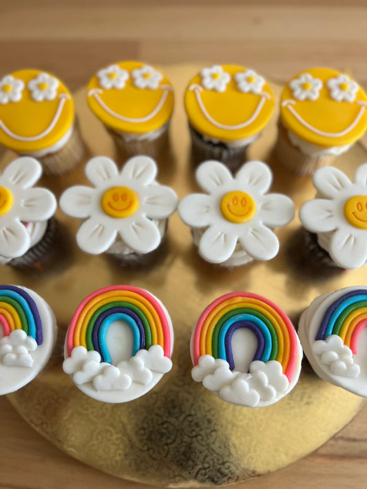 Flower, Rainbows, & Smiley Face fondant Topper Set